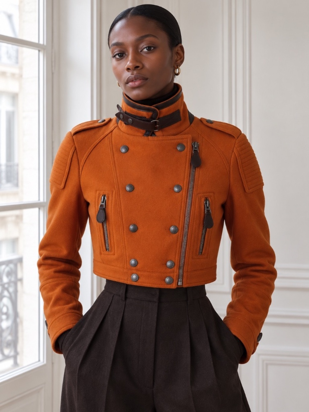 Burberry Brit Cropped Moto Military Jacket Amber Spiced Orange Ladies Size 4